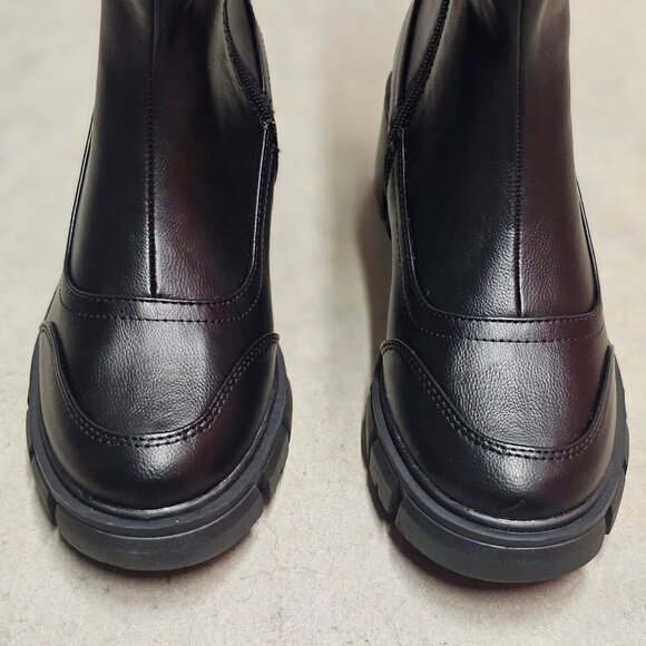 Black Winter Boots With Faux Fur Trim & Chunky Sole - Womens Mid-Calf Style With - Picture 5 of 7